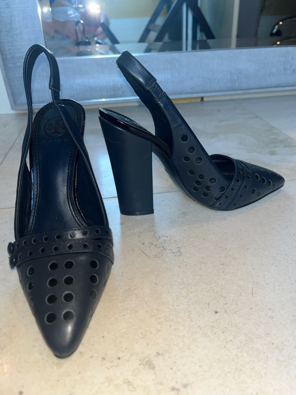 Tory Burch Navy Leather Dot Pointed Slingback Block Heels Sz 6